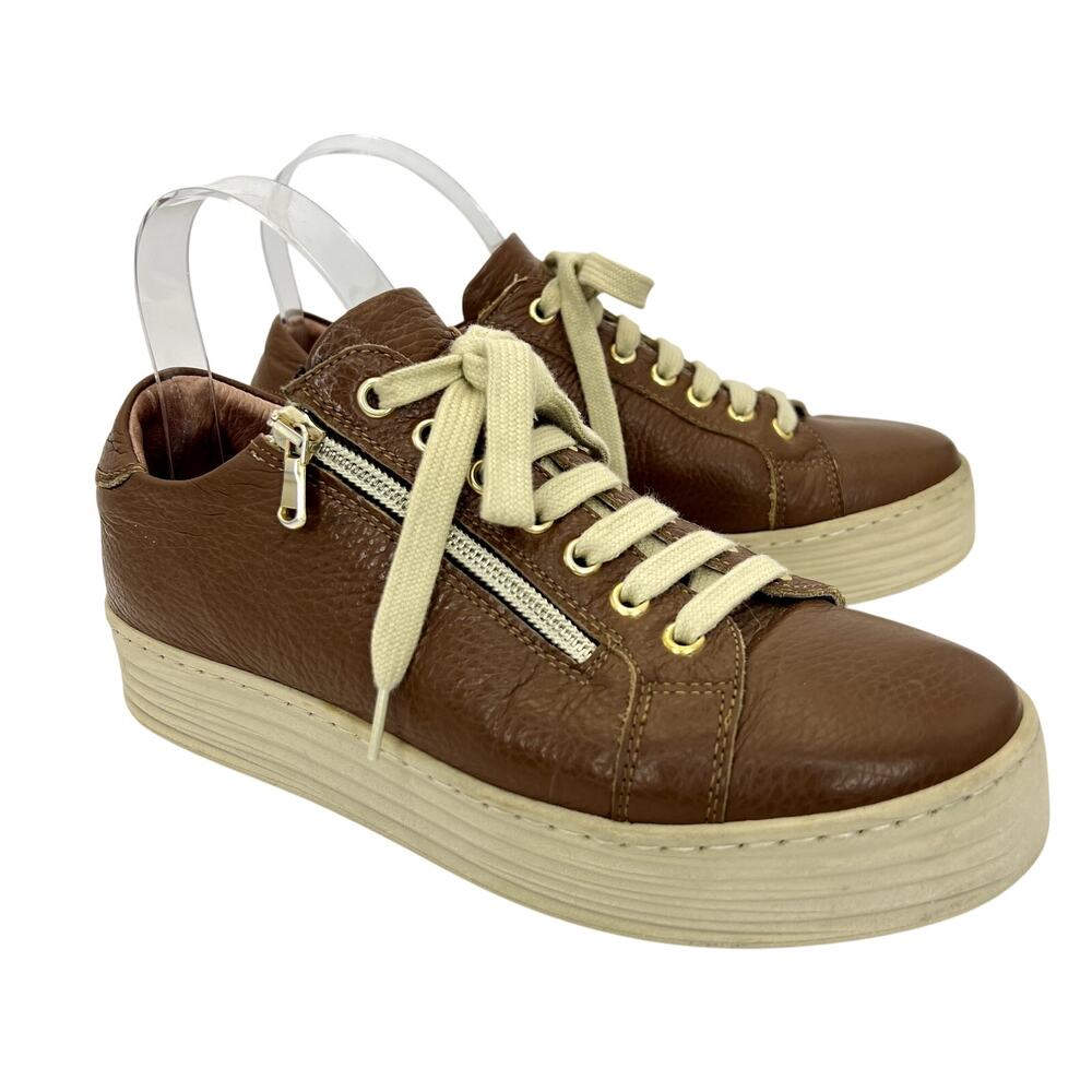 Sole Bliss Hero Sneaker Light Brown Leather Lace Up Zipper Platform 38 Slip On